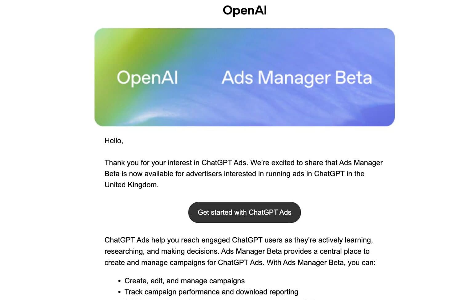 OpenAI opens ChatGPT Ads Manager beta to UK advertisers