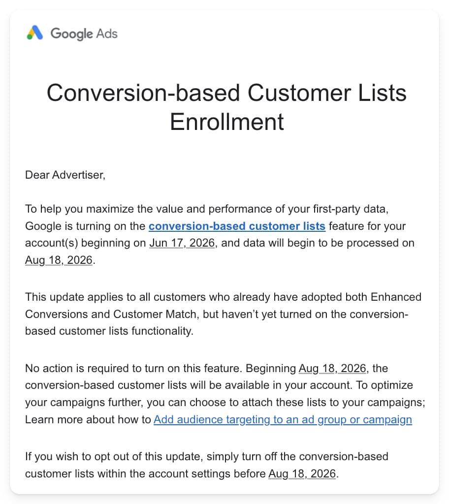 Google Ads automatically enrols advertisers in conversion-based customer lists