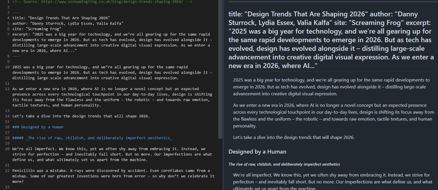 Using the Screaming Frog SEO Spider to Generate Markdown at Scale